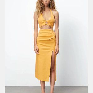 Zara Orange Linen Blend Halter Crop Top & Ruched Midi Skirt Set New With…